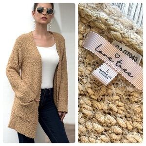 LOVE TREE cozy comfy open shag cardigan sweater with pockets. Caramel colour.